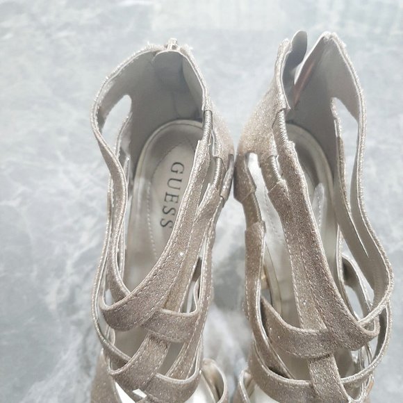 Guess Gold Glitzy Stiletto Bandage Heels Strappy Formal Wedding Ballroom SZ 9.5 - Picture 3 of 5